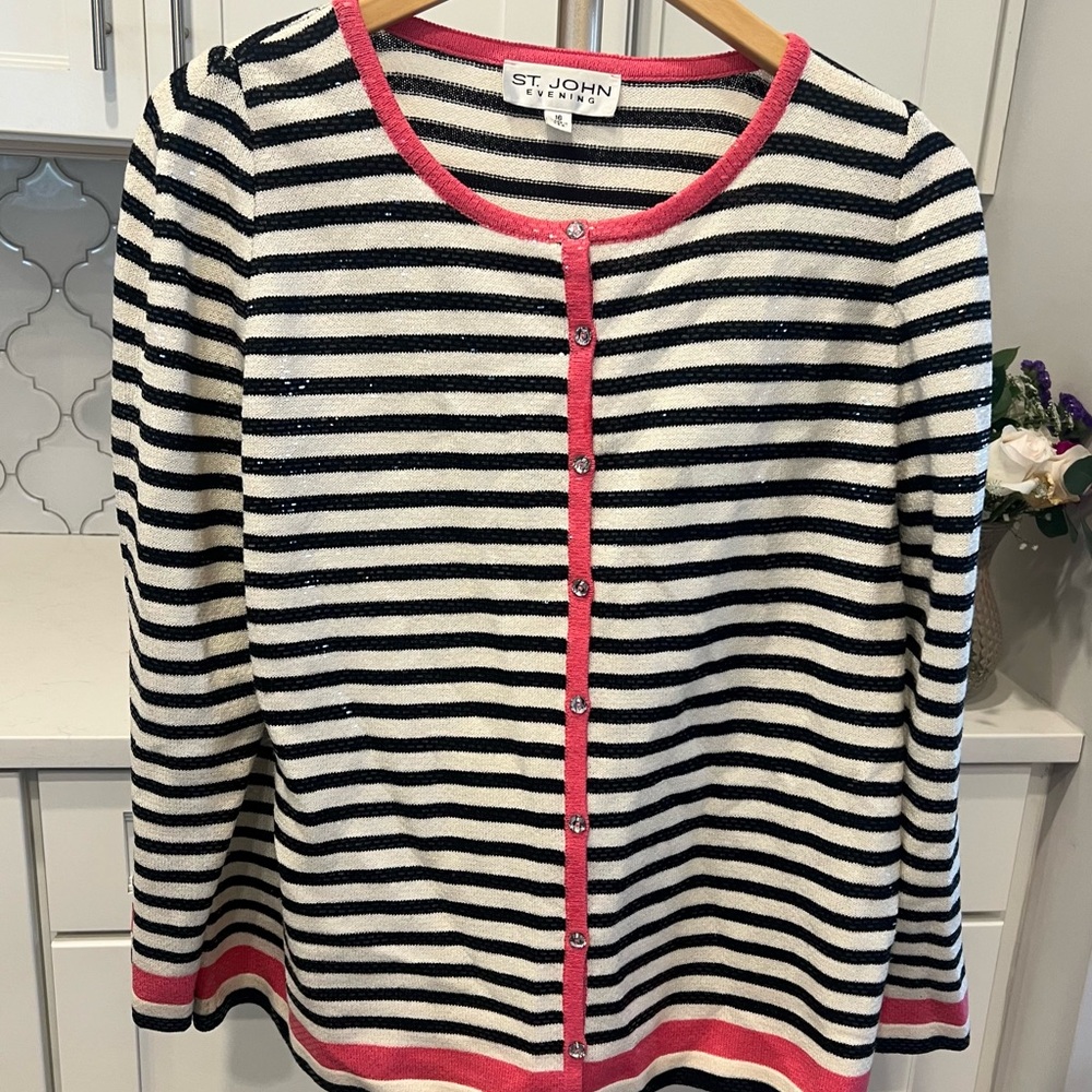 St. John Women's Striped Embellished Blazer- Black, White, and Pink